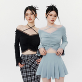 少女心事 辣妹纯欲内搭长袖 上衣收腰显瘦绑带短款 VOCK V领针织衫