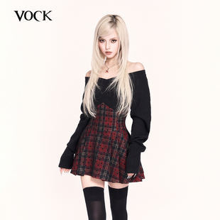 VOCK 暗黑甜酷少女格子新年显瘦超高腰封鱼骨百褶半裙子 高校派对