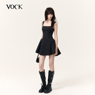 VOCK 迷雾蝶翼 高级感提花小黑裙礼服方领无袖收腰显瘦A字蓬蓬裙