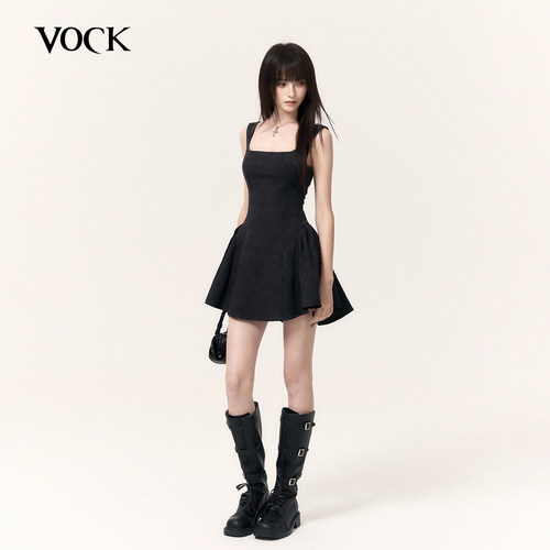 VOCK 迷雾蝶翼 高级感提花小黑裙礼服方领无袖收腰显瘦A字蓬蓬裙