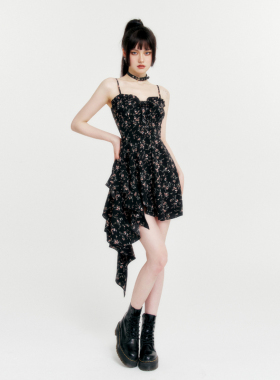 VOCK 浪漫俘获 暗黑纯欲少女度假不规则碎花显瘦吊带裙连衣裙辣妹