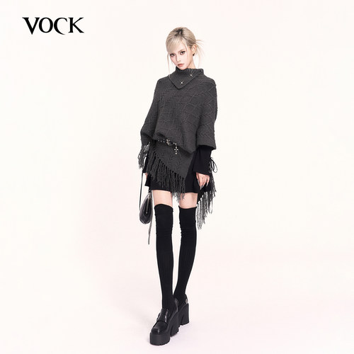 VOCK 古早千金 日系氛围感高领不规则新年上衣披肩斗篷外搭毛衣