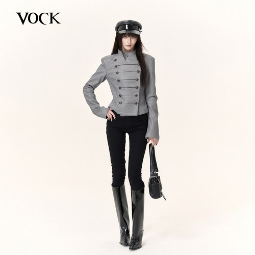 VOCK 千禧回潮 宫廷风拿破仑短款外套辣妹垫肩双排扣修身夹克皮衣