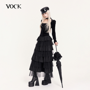 VOCK 追光逐影 暗黑浪漫仙女设计感拼接层次感网纱蛋糕半裙长裙子