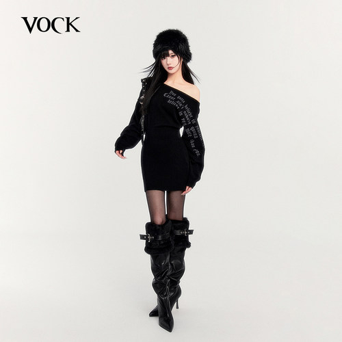 VOCK 辣妹审判 暗黑露肩印花收腰显瘦斜肩包臀毛衣针织连衣裙秋冬