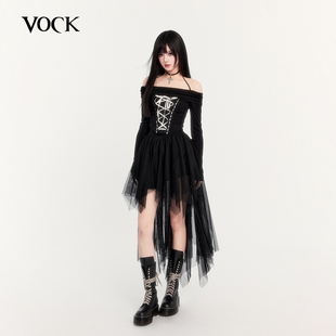 VOCK 设计感绑带上衣平肩长袖 内搭不规则网纱半身裙套装 浪漫灰烬
