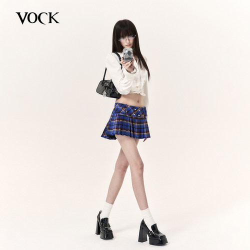 VOCK 涩谷来电 古早辣妹毛呢格纹百褶裙子铆钉低腰JK超短裙防走光