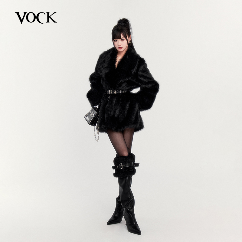 VOCK 暗黑斯拉夫 品质高级感十字架腰带环保皮草加厚保暖外套辣妹