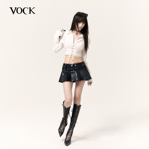 VOCK 辣妹就位 暗黑设计感Y2K黑色迷你皮裙子低腰百褶半裙防走光