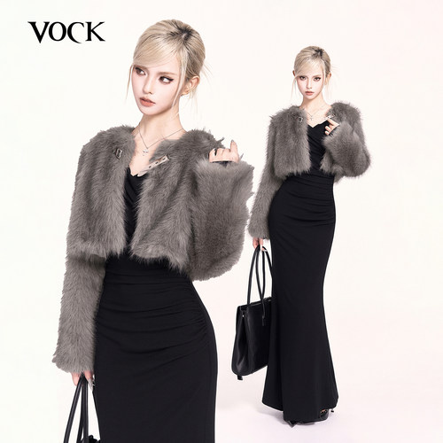 VOCK 微醺剧场 高级感气质秋冬季新年保暖环保皮草毛绒宽松短外套