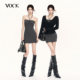 针织显瘦包臀裙两件套装 慵懒辣妹黑灰撞色V领罩衫 松弛自如 VOCK