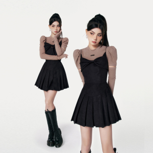 VOCK 纯欲少女学院甜心辣妹蝴蝶结显瘦吊带百褶连衣裙子 焦糖戚风