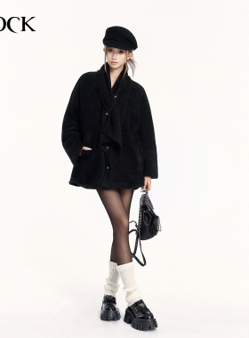 VOCK 冬日邂逅 Miu系复古留洋千金气质围巾宽松短款保暖大衣外套