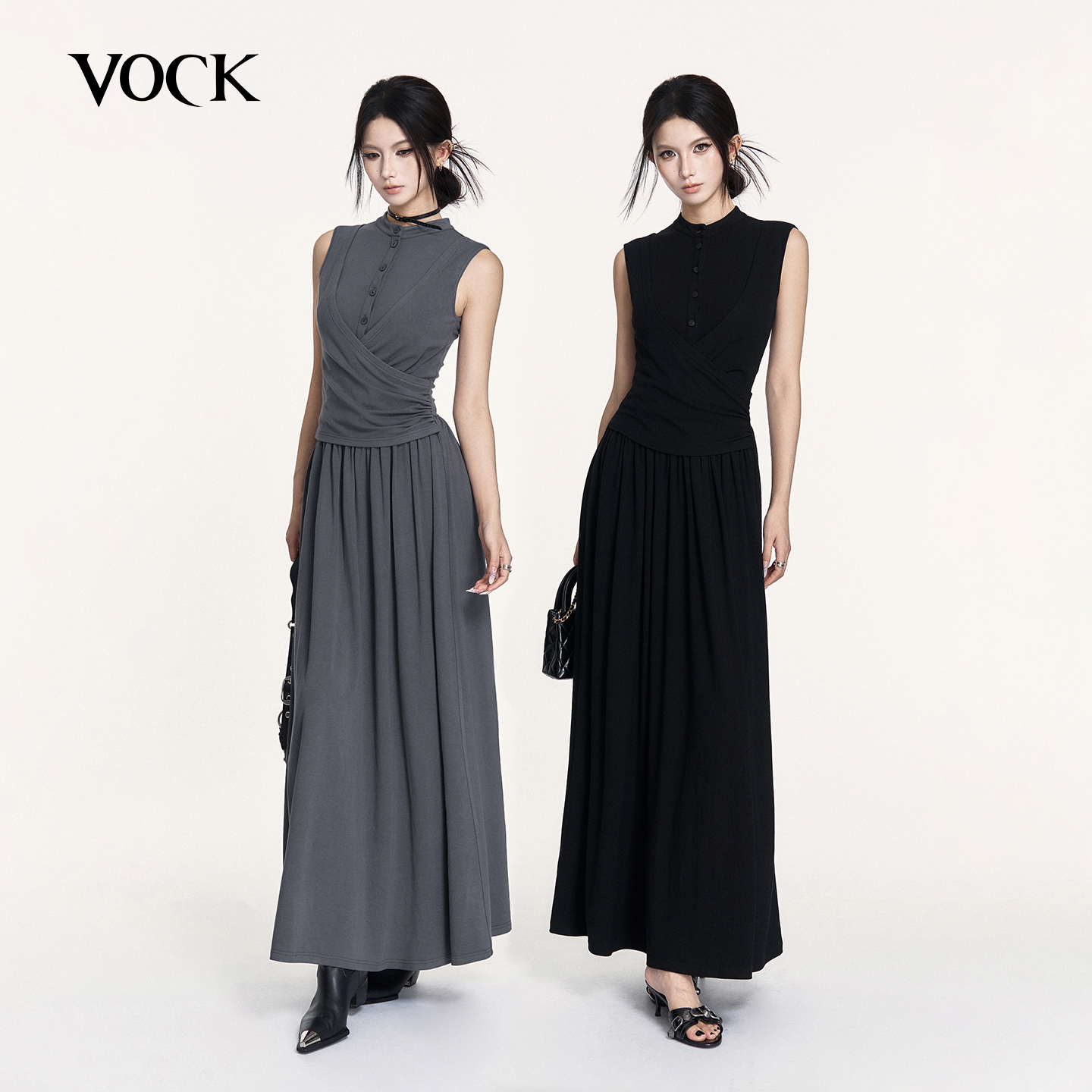 VOCK 轻简廓形 清冷高级感气质长裙立领假两件弹力针织背心连衣裙