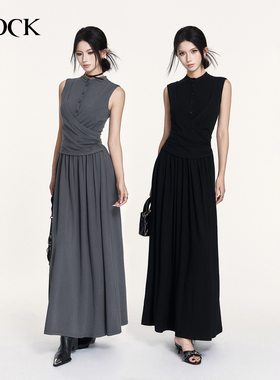 VOCK 轻简廓形 清冷高级感气质长裙立领假两件弹力针织背心连衣裙