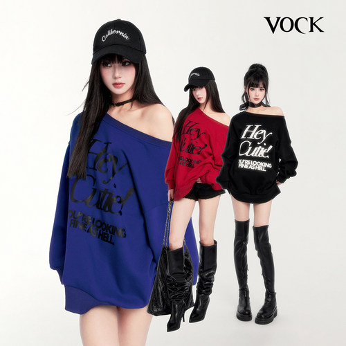VOCK 回归舒适 秋冬休闲松弛感辣妹宽松加绒卫衣长袖印花露肩上衣