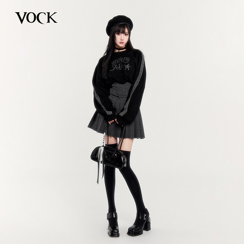 VOCK 日漫画报 暗黑甜酷少女蕾丝加绒收腰显瘦圆领长袖短款卫衣冬