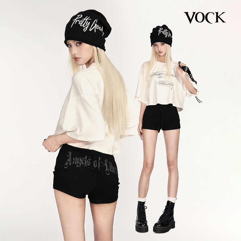 VOCK 私藏心机 美式运动甜酷辣妹卫裤松紧腰修身包臀印花热裤短裤