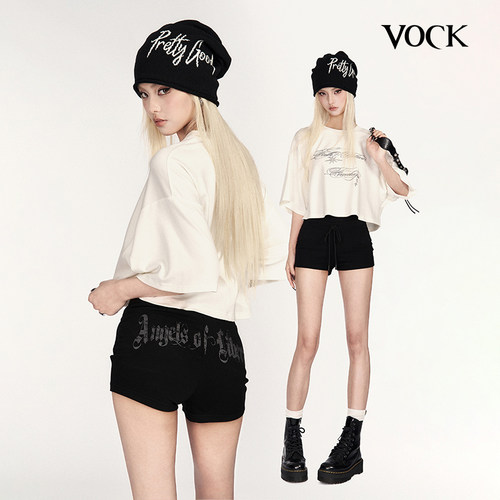 VOCK 私藏心机 美式运动甜酷辣妹卫裤松紧腰修身包臀印花热裤短裤
