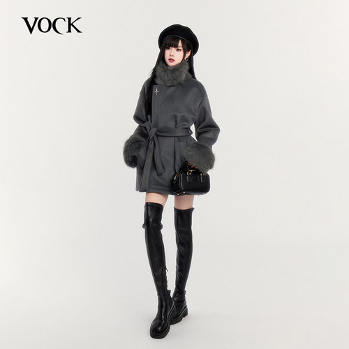 VOCK 清冷灰系 新年高级感精致千金立领毛呢拼接皮草收腰大衣外套