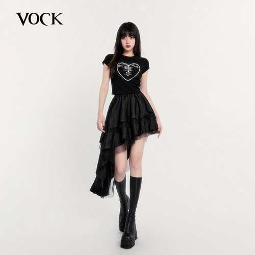 VOCK 禁忌浪漫 暗黑风斜角拼纱褶皱短裙春夏不规则裙摆显瘦半身裙