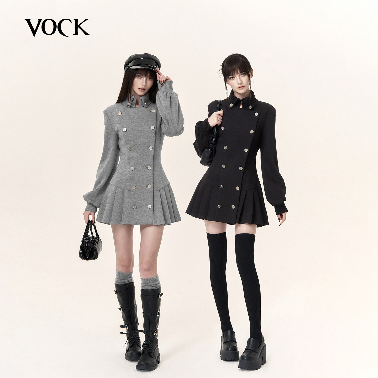 VOCK 少女骑士 宫廷拿破仑百褶卫衣裙复古双排扣修身显瘦连衣裙子