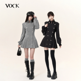 VOCK 少女骑士 宫廷拿破仑百褶卫衣裙复古双排扣修身显瘦连衣裙子