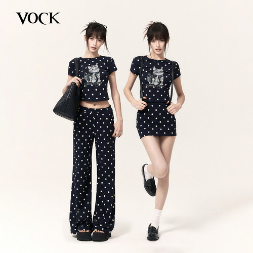 VOCK 鬼马少女 辣妹波点可爱猫咪印花正肩T恤包臀裙直筒长裤套装