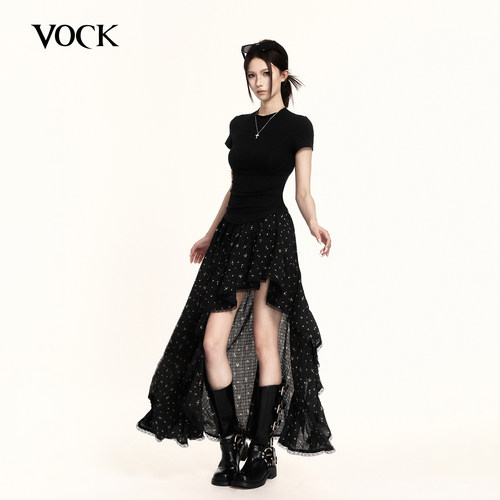 VOCK 浪漫循环 法式度假不规则半裙百搭飘逸拼接荷叶边碎花长裙子