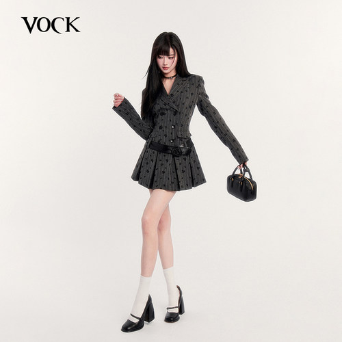 VOCK 玫瑰岛屿 格雷系高智感条纹通勤新年收腰显瘦西装裙连衣裙子