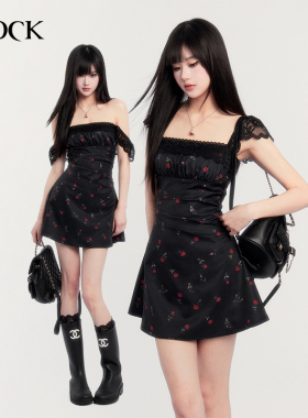 VOCK 南法梦境 法式浪漫复古少女拼接蕾丝收腰显瘦玫瑰碎花连衣裙