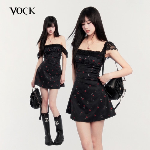 VOCK 南法梦境 法式浪漫复古少女拼接蕾丝收腰显瘦玫瑰碎花连衣裙