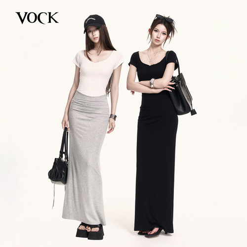 VOCK 悠长假期 辣妹简约气质短袖连衣裙夏季针织弹力收腰鱼尾长裙