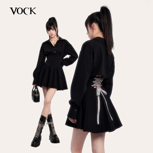 VOCK 复刻回忆 早秋法式简约通勤衬衫裙收腰显瘦露背百褶裙连衣裙