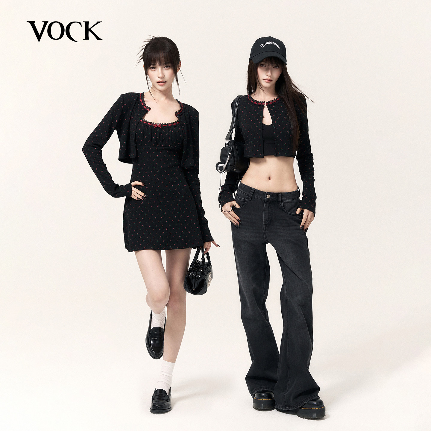 VOCK 樱桃心事 美式复古少女短款针织开衫修身显瘦吊带裙两件套装图片