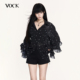 VOCK 荷叶边上衣秋 气质长袖 碎星绽夜 浪漫设计感微透雪纺宽松衬衫