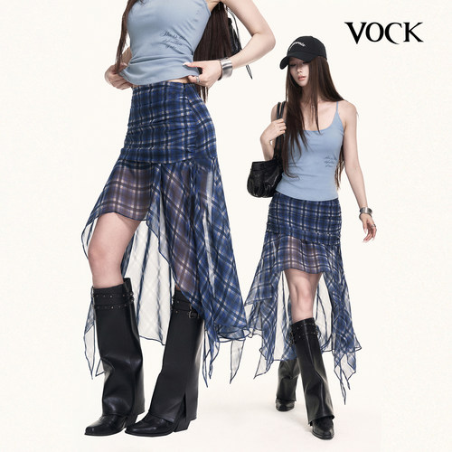 VOCK 蓝调时刻 海岛度假气质显白格纹a字裙子不规则微透长半裙夏
