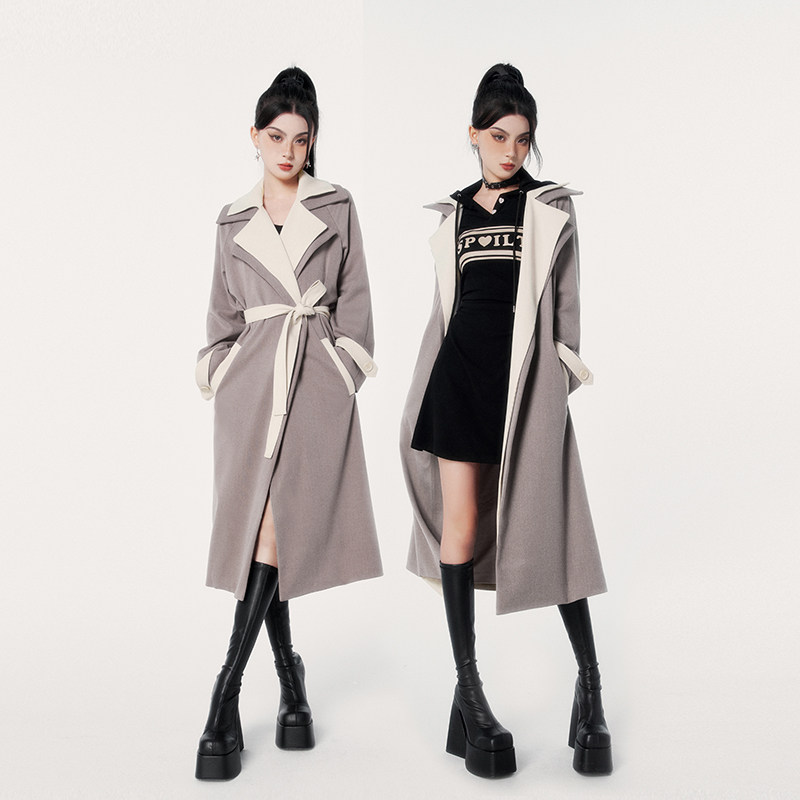 vock 落日初暮 法式气质高级感撞色领宽松绑带中长款风衣外套大衣