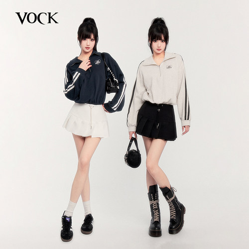 VOCK 甜心电波 甜酷复古辣妹美式休闲网球运动风假两件百褶卫衣裙