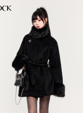 VOCK 曜石黑 暗黑富家千金新年短款拼接皮草立领毛呢外套大衣保暖