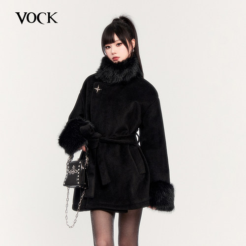 VOCK 曜石黑 暗黑富家千金新年短款拼接皮草立领毛呢外套大衣保暖