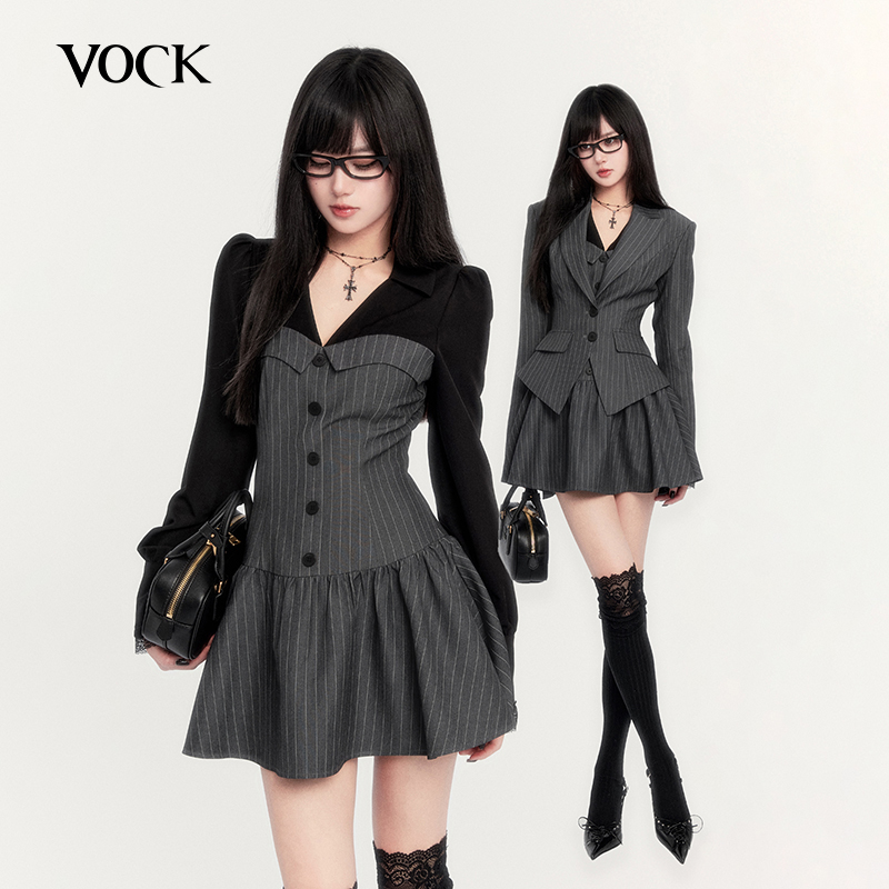 VOCK 智性通勤 法式老钱风条纹两件套装收腰西装连衣裙显瘦衬衫裙