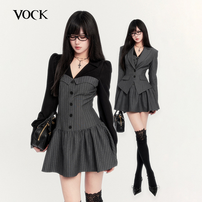 VOCK 智性通勤 法式老钱风条纹两件套装收腰西装连衣裙显瘦衬衫裙