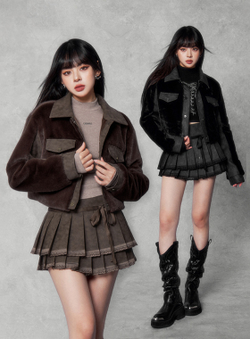 VOCK 秋纪枫糖 秋冬少女小众拼接环保皮草外套女秋冬加厚保暖短款