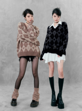 VOCK 复古甜心 美式爱心菱格套头毛衫秋冬针织外套慵懒风宽松毛衣