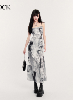 VOCK 复古时髦 街头百搭朋克风画报印花裙长裙修身显瘦吊带连衣裙