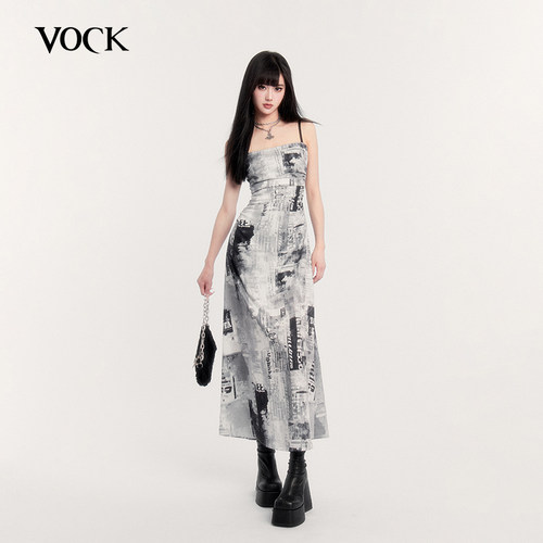 VOCK 复古时髦 街头百搭朋克风画报印花裙长裙修身显瘦吊带连衣裙