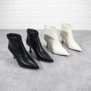 钎金鸟2025秋新款米色尖头短靴女高跟鞋子瘦瘦靴黑色女靴细跟女靴