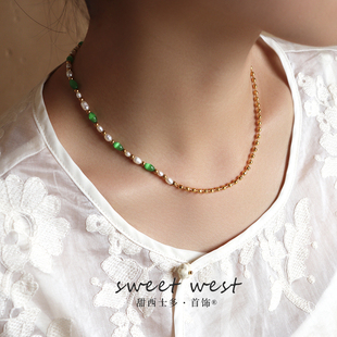 薄荷糖祖母绿色猫眼石拼接锁骨链铜镀18K金珠项链叠戴小众饰品夏