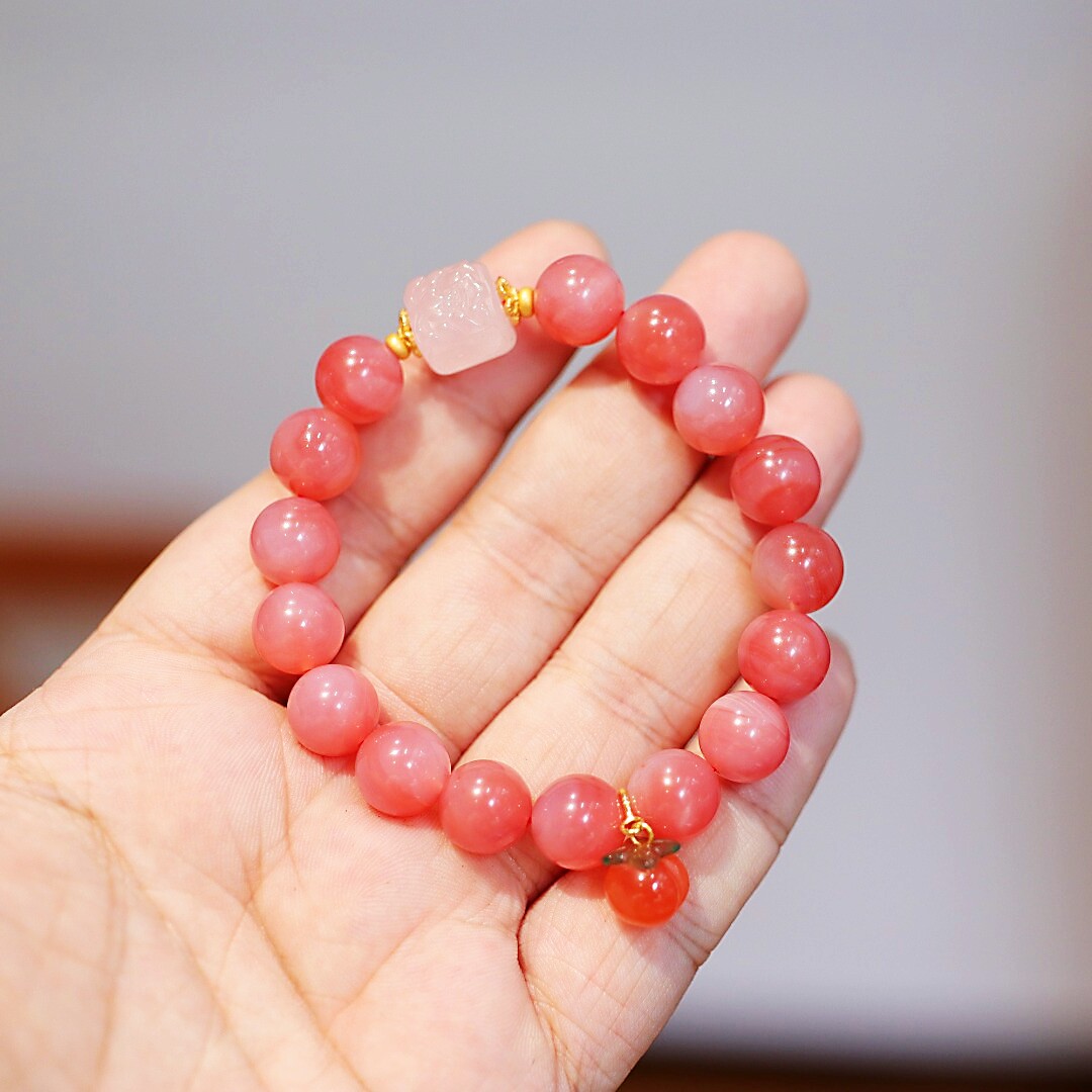 原创天然非红粉色盐源玛瑙手串女粉水晶凤穿牡丹手链甜美轻奢新款